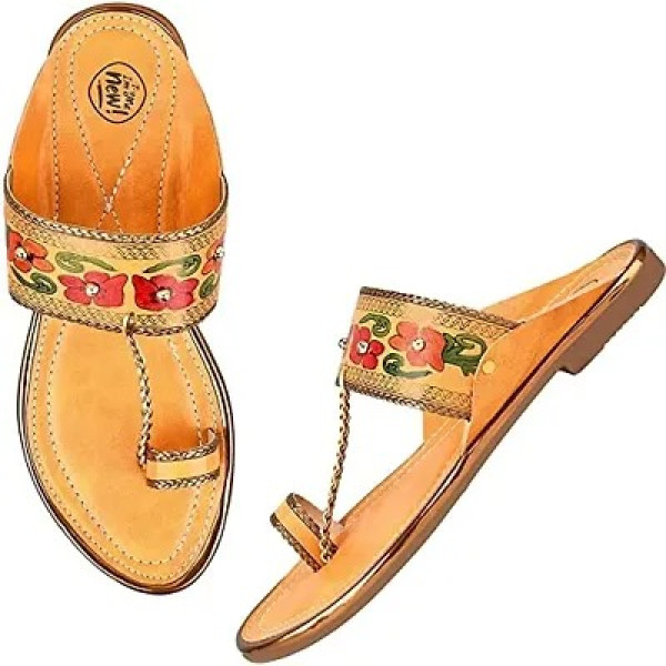 GR-Kolhapuri embroidered Ethnic Flat Sandals Daily Use Wear Ladies Chappal Women Stylish Footwear-Tan