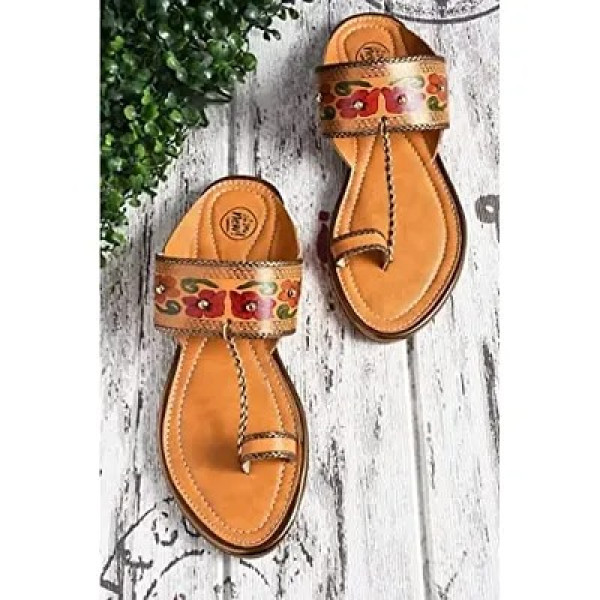 GR-Kolhapuri embroidered Ethnic Flat Sandals Daily Use Wear Ladies Chappal Women Stylish Footwear-Tan