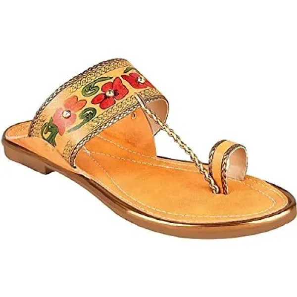 GR-Kolhapuri embroidered Ethnic Flat Sandals Daily Use Wear Ladies Chappal Women Stylish Footwear-Tan