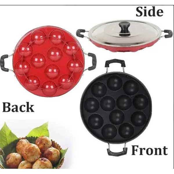 GR-Panniyaramkadai/Paniyarrakal/Paniyaram/AppamPan/AppamMaker/PanCake/appam kadai/PonganalMaker/idali Maker fastage 12 Cavities Non Stick Appam Patra with Lid and Side Handle/ kulipaniyaram