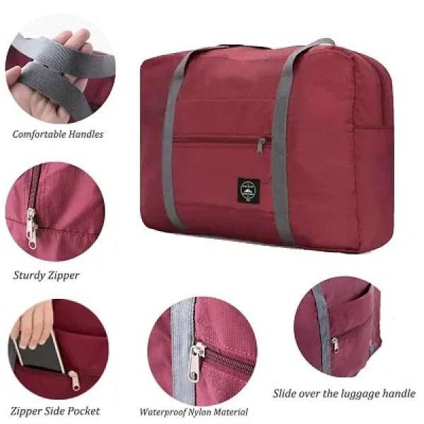 GR-Maroon Foldable Nylon Canvas Duffel Tote Bag Portable Waterproof Handbag Shopping Luggage Bag, Flight-Airlines Packing Bag, Gym Sports Bag for Womens & Girl