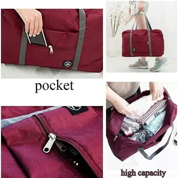 GR-Maroon Foldable Nylon Canvas Duffel Tote Bag Portable Waterproof Handbag Shopping Luggage Bag, Flight-Airlines Packing Bag, Gym Sports Bag for Womens & Girl