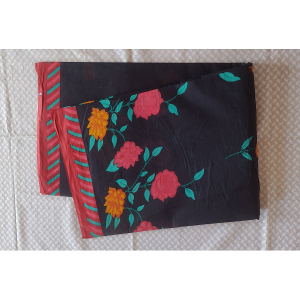 24 Vedic Women's Floral Print Pure Cotton Saree-Black color 5.5meter Long||Light weight cotton sari||without blouse