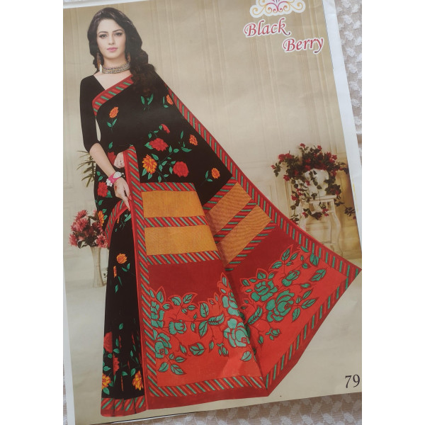 24 Vedic Women's Floral Print Pure Cotton Saree-Black color 5.5meter Long||Light weight cotton sari||without blouse