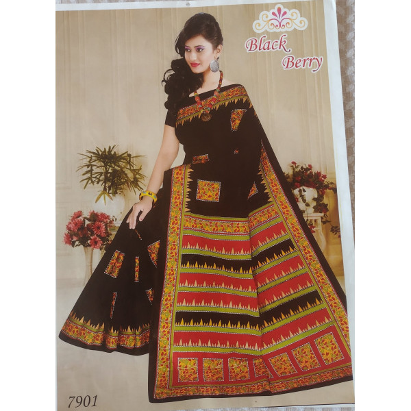 24 Vedic Floral Print Pure Cotton Saree Block Design Pattern-Black color 5.5meter Long||Cotton Fabric