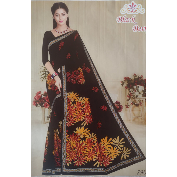 24 Vedic Women's Plain Black Floral Print Cotton Saree[without blouse]-5.5 meter long ||light weight cotton sari