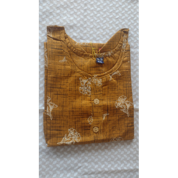 24 Vedic Cotton Blend Floral Printed Stitched Kurti Round neck with 3/4th sleeves[Color-Mustard]