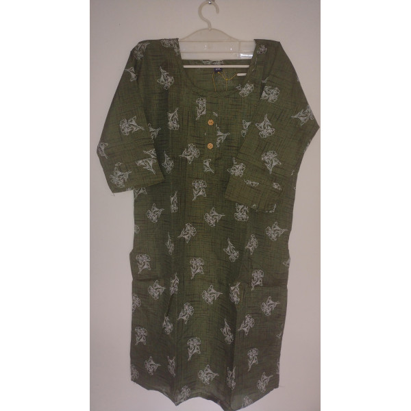 24 Vedic Cotton Blend Floral Printed Stitched Kurti Round neck with 3/4th sleeves[Color-Green]