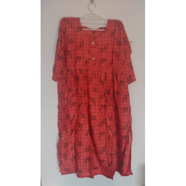 24 Vedic Women Checkered Cotton Flared Kurta 3/4 Sleeve-XL Red Color Round neck