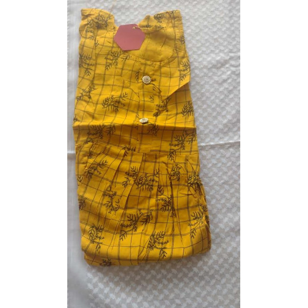 24 Vedic Women Checkered Cotton Flared Kurta 3/4 Sleeve-XL Yellow Color Round neck