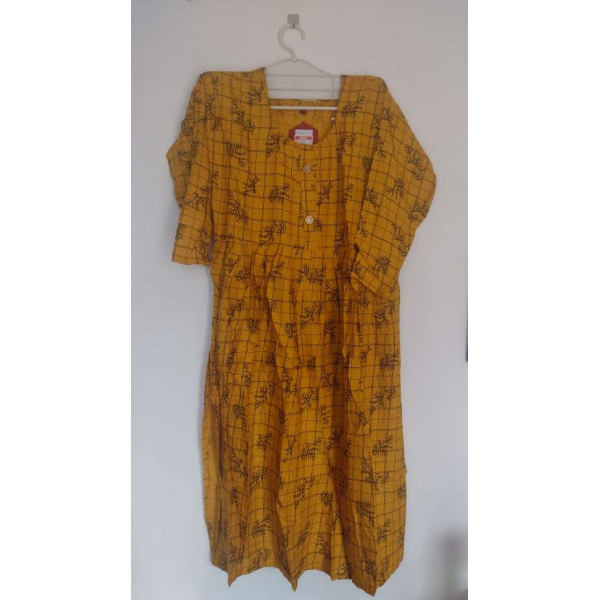 24 Vedic Women Checkered Cotton Flared Kurta 3/4 Sleeve-XL Yellow Color Round neck