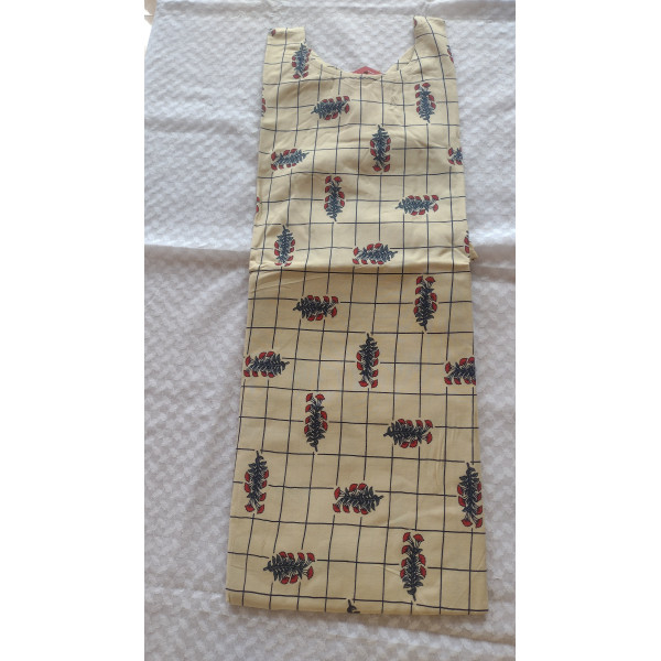 24 Vedic Beige Checkered Printed A-Line Straight Kurti Round neck 3/4 sleeve-Large