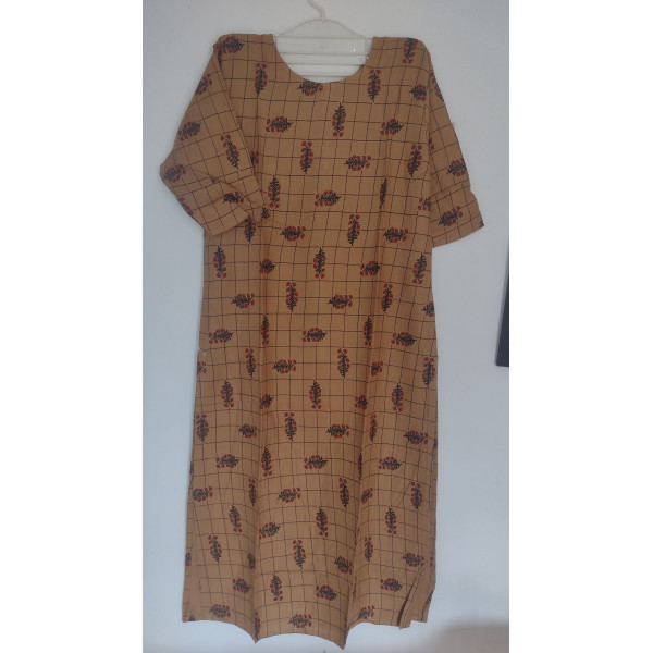 24 Vedic Brown Checkered Printed A-Line Straight Kurti Round neck 3/4 sleeve-Large