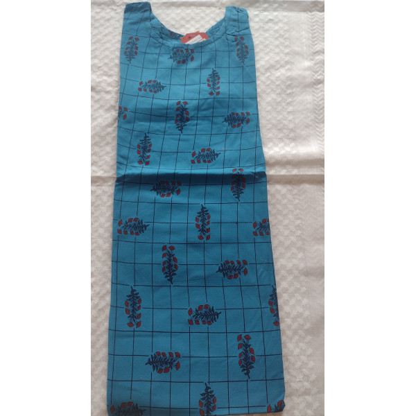 24 Vedic Blue Checkered Printed A-Line Straight Kurti Round neck 3/4 sleeve-Large