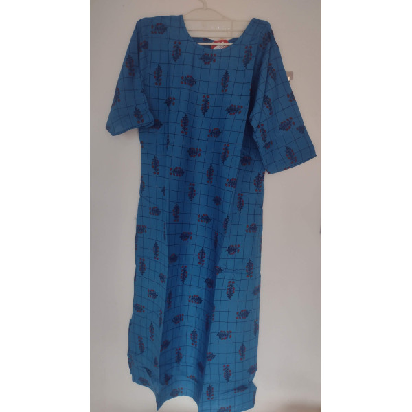 24 Vedic Blue Checkered Printed A-Line Straight Kurti Round neck 3/4 sleeve-Large