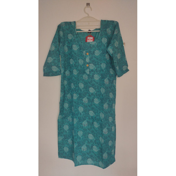 24 Vedic Linen Fabric White leaf Design Printed Straight Kurta-Green XL/Solid Color Premium Product