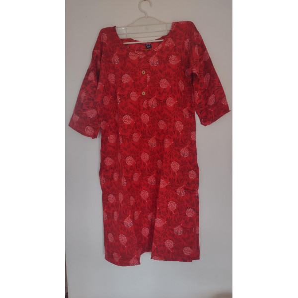 24 Vedic Linen Fabric White leaf Design Printed Straight Kurta-Red 2XL/Solid Color Premium Product