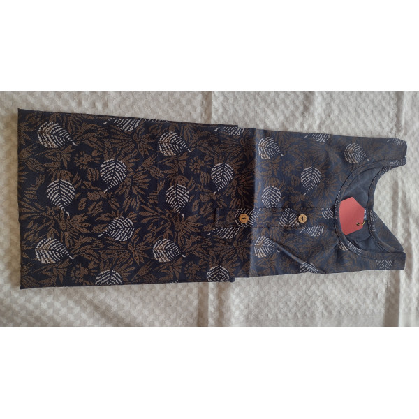 24 Vedic Linen Fabric White leaf Design Printed Straight Kurta-Navy Blue 2XL/Solid Color Premium Product