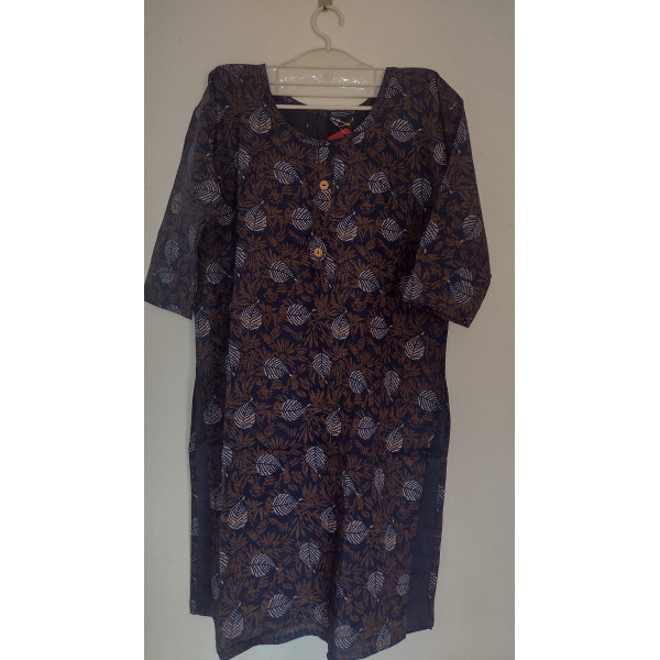 24 Vedic Linen Fabric White leaf Design Printed Straight Kurta-Navy Blue 2XL/Solid Color Premium Product