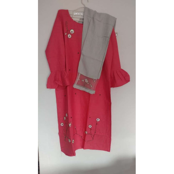 24 Vedic Rayon Pink Color Stylish Kurta with Pant/Hand Embroidery Kurti & Pant Set/Bell Sleeves