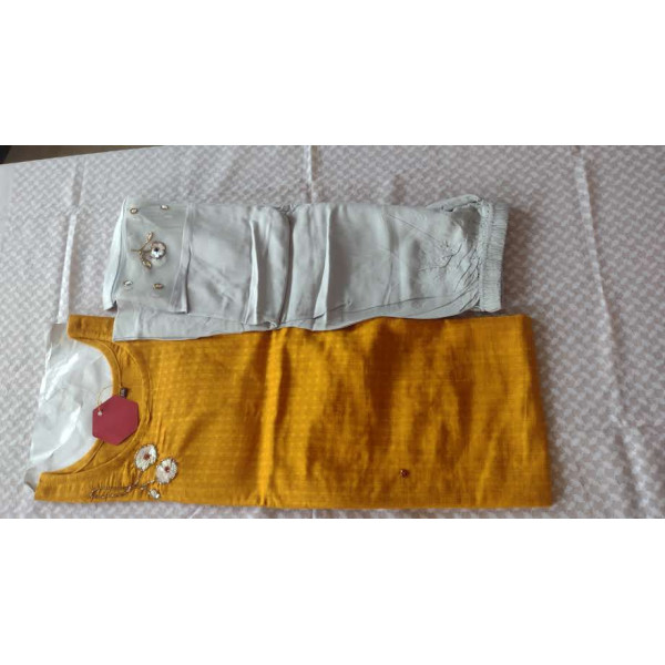 24 Vedic Rayon Yellow Color Stylish Kurta with Pant/Hand Embroidery Kurti & Pant Set/Bell Sleeves