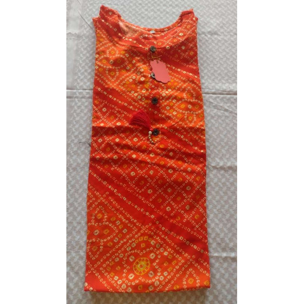 24 Vedic Orange Rayon Bandhani Foil Print Gotta work with tassel Side Slit Kurti Only- 3/4 sleeve||Ready to wear||Premium Product