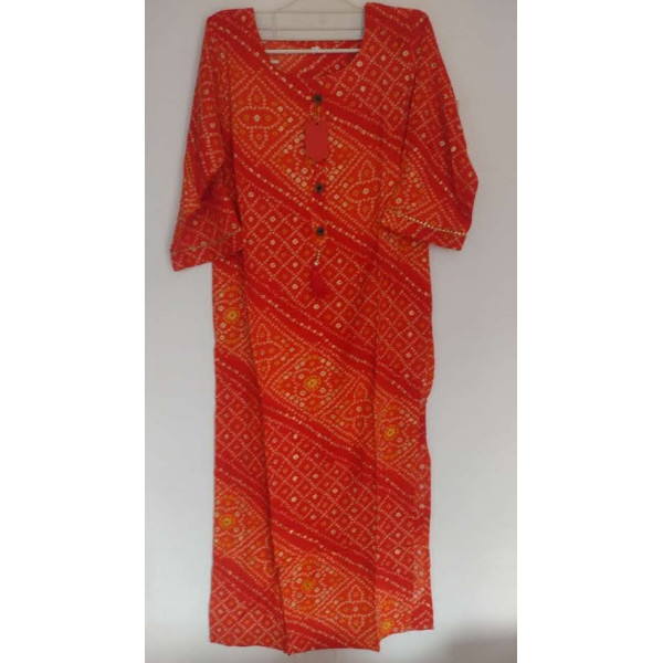 24 Vedic Orange Rayon Bandhani Foil Print Gotta work with tassel Side Slit Kurti Only- 3/4 sleeve||Ready to wear||Premium Product