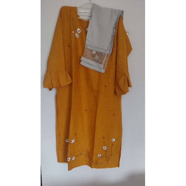 24 Vedic Rayon Yellow Color Stylish Kurta with Pant/Hand Embroidery Kurti & Pant Set/Bell Sleeves