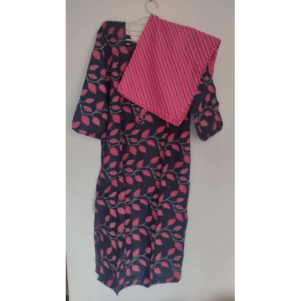 24 Vedic Women's Cotton Blend Leaf Printed Straight Kurta with Pant Set Double XL Pink & Black Color