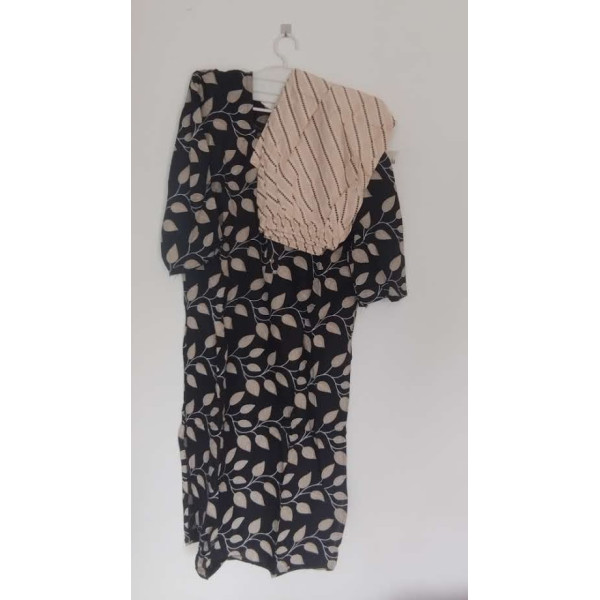 24 Vedic Women's Cotton Blend Leaf Printed Straight Kurta with Pant Set Double XL Beige & Black Color