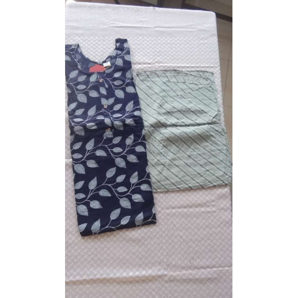 24 Vedic Women's Cotton Blend Leaf Printed Straight Kurta with Pant Set Double XL Blue & Grey Color