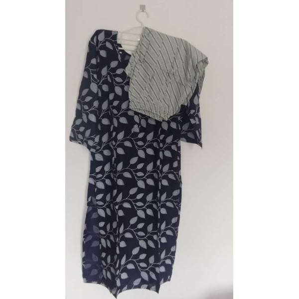 24 Vedic Women's Cotton Blend Leaf Printed Straight Kurta with Pant Set Double XL Blue & Grey Color