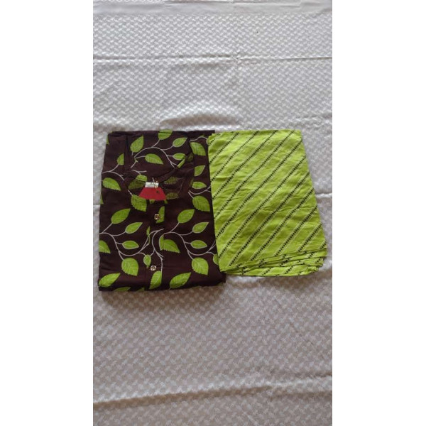 24 Vedic Women's Cotton Blend Leaf Printed Straight Kurta with Pant Set Double XL Brown & Green Color