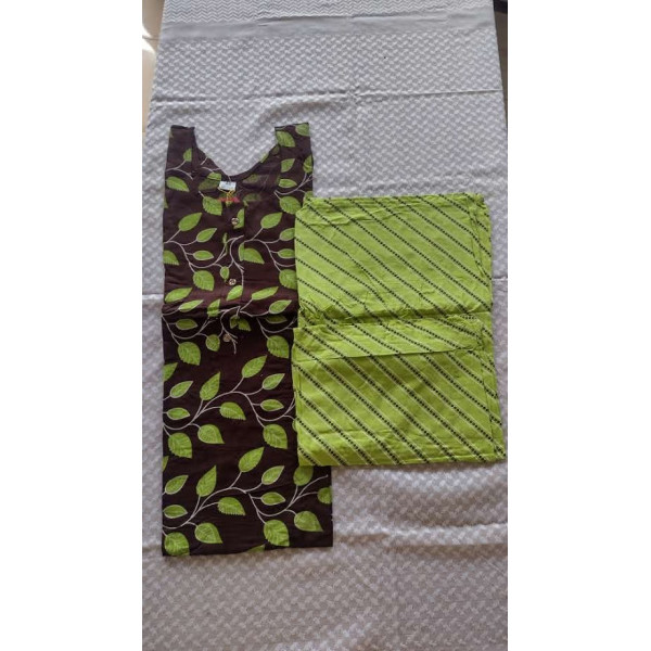 24 Vedic Women's Cotton Blend Leaf Printed Straight Kurta with Pant Set Double XL Brown & Green Color