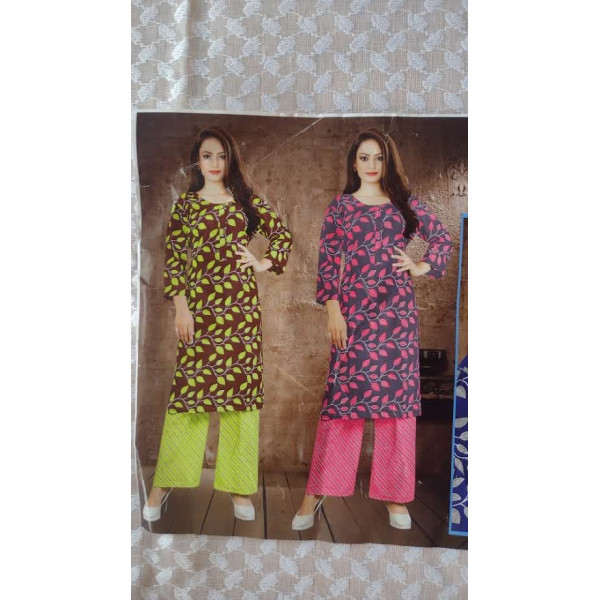 24 Vedic Women's Cotton Blend Leaf Printed Straight Kurta with Pant Set Double XL Brown & Green Color