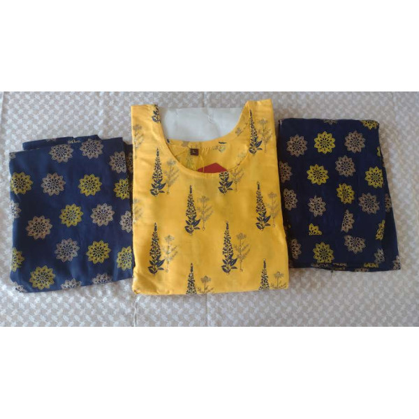 24 Vedic Women Rayon Straight Round Neck Motif Design Printed Kurta & Palazzo Set with Dupatta[Color-Yellow]