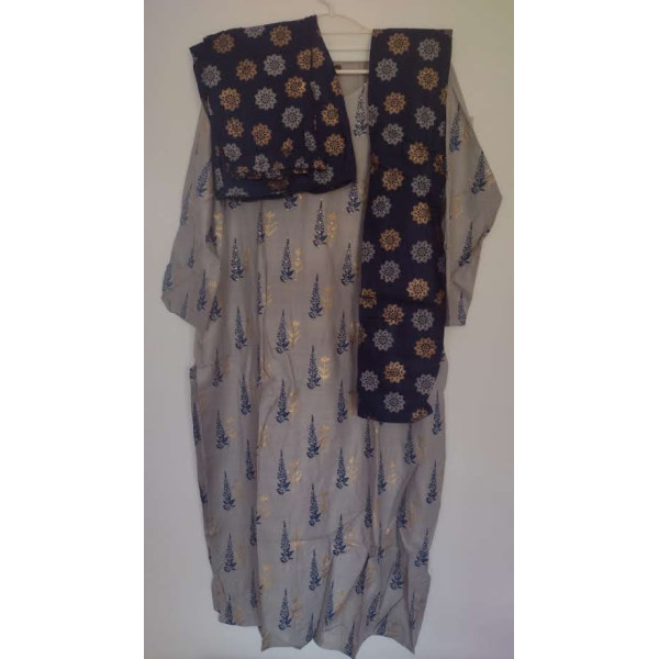 24 Vedic Women Rayon Straight Round Neck Motif Design Printed Kurta & Palazzo Set with Dupatta[Color-Grey]