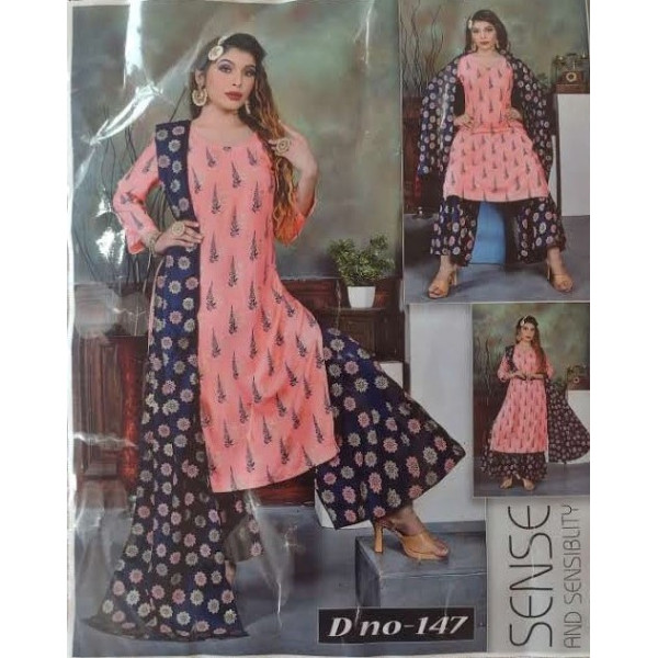 24 Vedic Women Rayon Straight Round Neck Motif Design Printed Kurta & Palazzo Set with Dupatta[Color-Peach]