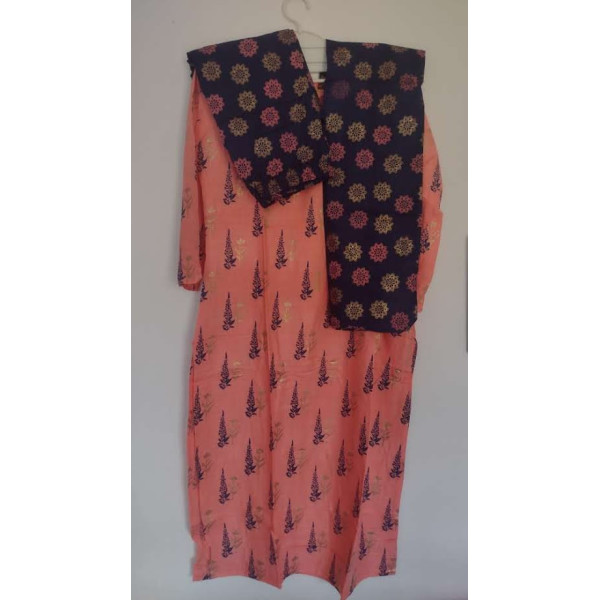 24 Vedic Women Rayon Straight Round Neck Motif Design Printed Kurta & Palazzo Set with Dupatta[Color-Peach]