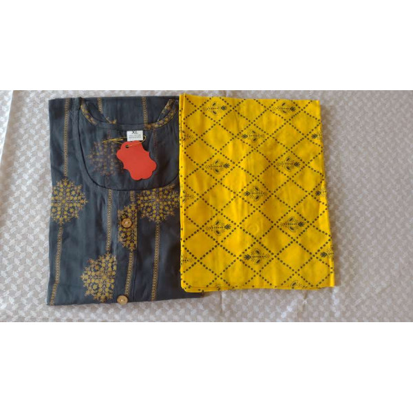 24 Vedic Women Chanderi Gold Foil Print Buttoned Straight Kurti & Palazzo Set-Teal Grey & Yellow Color,Regular Sleeve||Ready to wear|