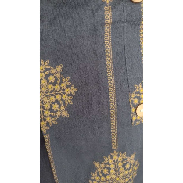 24 Vedic Women Chanderi Gold Foil Print Buttoned Straight Kurti & Palazzo Set-Teal Grey & Yellow Color,Regular Sleeve||Ready to wear|