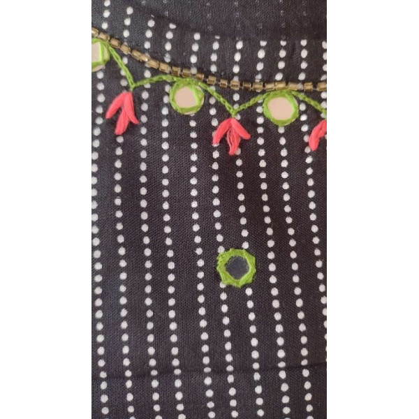 24 Vedic Pure Cotton Polka Dot Embroidered Mirror Work Straight Fit Kurti & Palazzo Set-Black & White,3/4 sleeve|| Ready to wear,Attire||