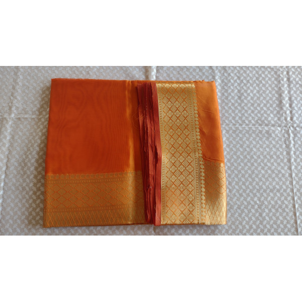 Pure Kanjeevaram Woven Silk Saree in Yellowish Orange Tone with Blouse Piece