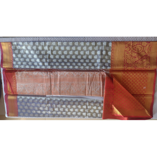 Premium Kancipuram Silk Saree with Golden Red Korvai Zari Border 