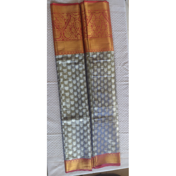 Premium Kancipuram Silk Saree with Golden Red Korvai Zari Border 