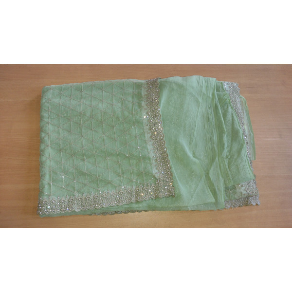 Pista Green Georgette Saree with Bead work Embroidery with Unstitched Blouse 