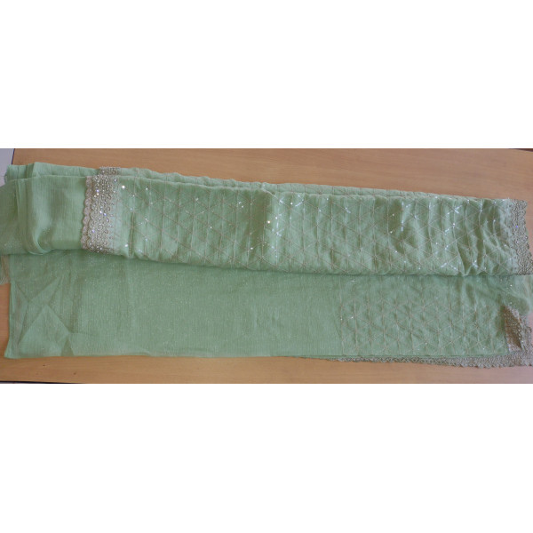 Pista Green Georgette Saree with Bead work Embroidery with Unstitched Blouse 