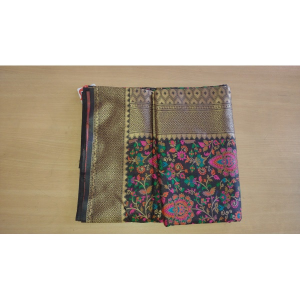 Hand woven Kashmiri Dola Silk with Golden Embroidery & Unstitched Blouse Piece