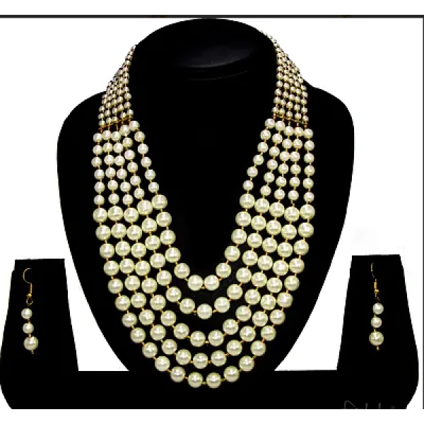 GR-Multi Layer Pearl Strand Costume Jewellry Sets White Pearl Statement Necklace and Earrings for Women