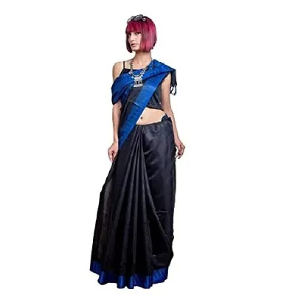 GR-Temple Kota Silk Ethnic Wear Blue Border Saree For Women With Running Blouse (Eeric Black)